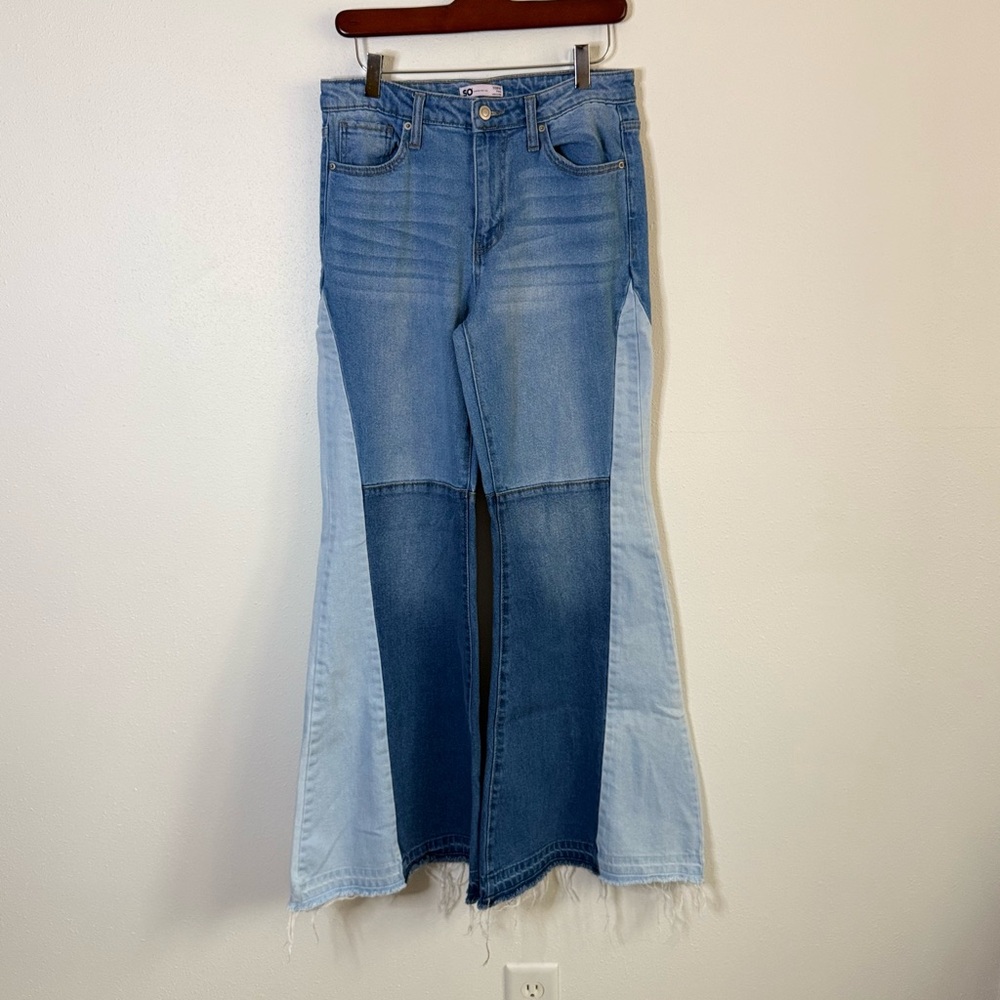 Y2K Two Tone Flare Jeans Colorblock Wide Leg Denim 7/28 - Picture 3 of 10